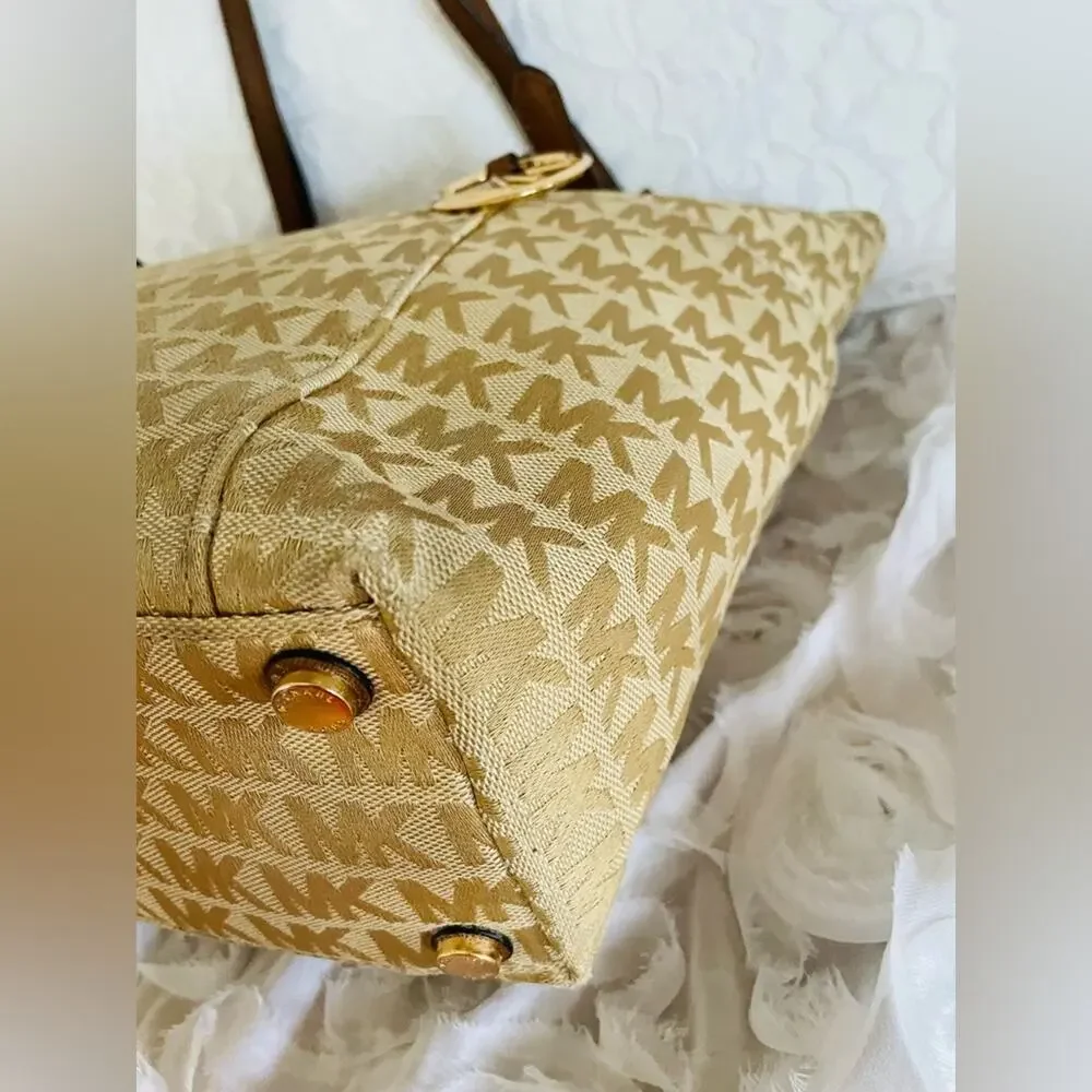 MICHAEL KORS gold Voyager canvas leather tote shoulder bag